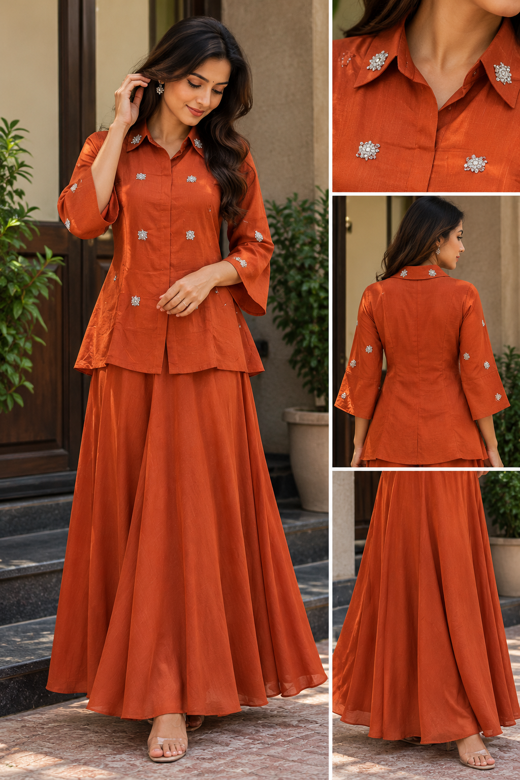 Rust Orange Embellished Shirt & Flared Skirt Set