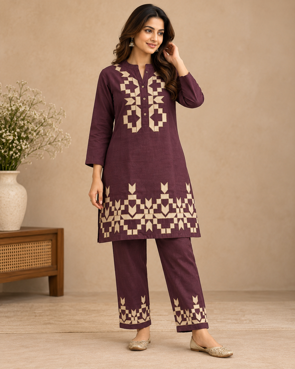 Burgundy Geometric Embroidered Kurta Set Description: Elevate your everyday ethnic style with this