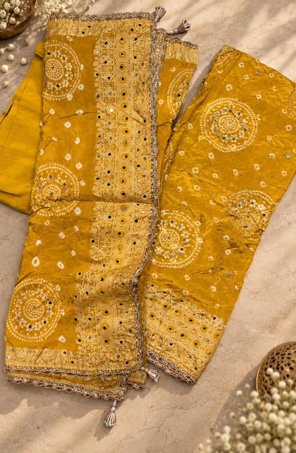Mustard Gold Bandhani Embellished Suit Set