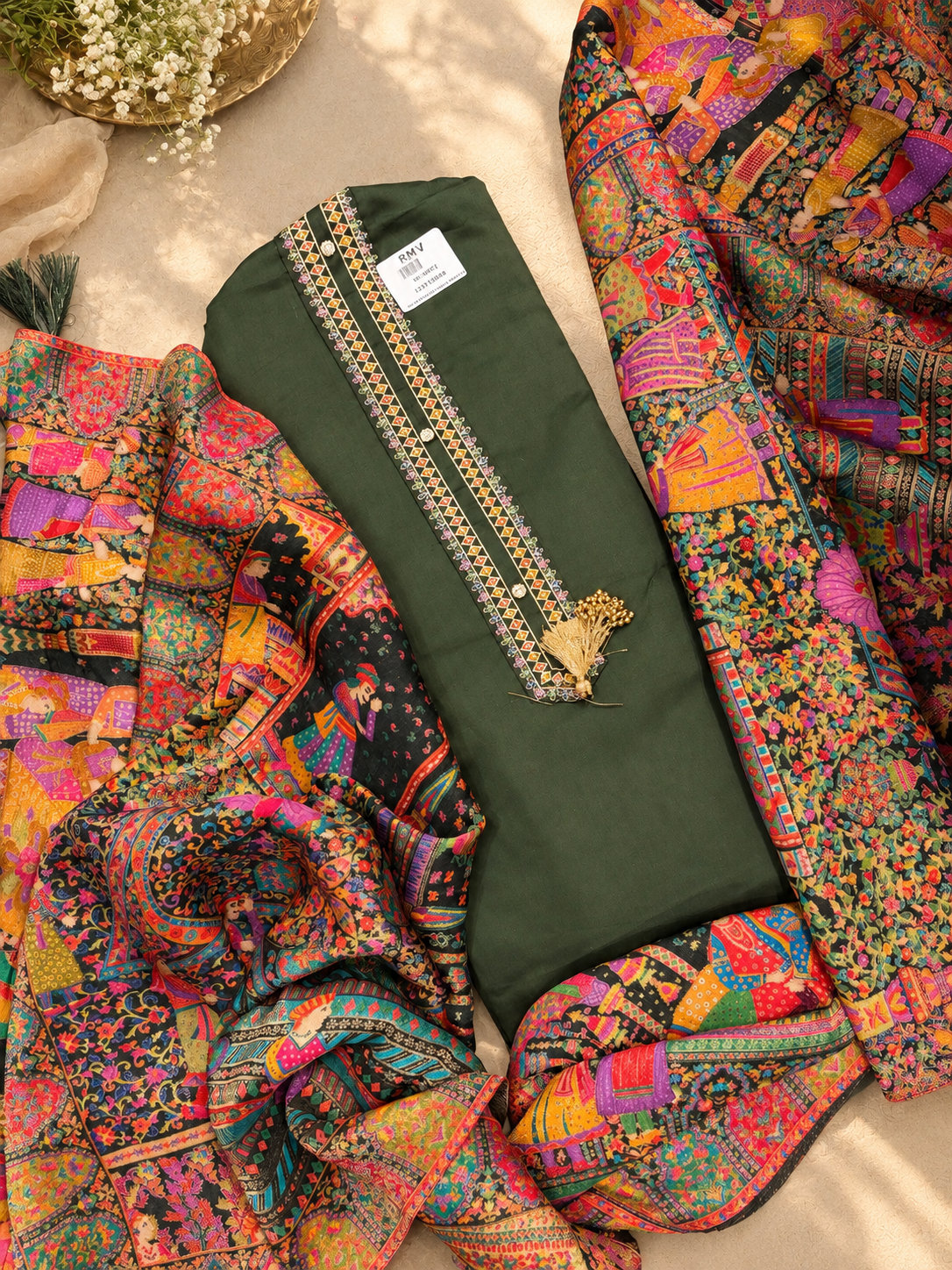 Olive Green Multicolour Printed Dupatta Suit Set