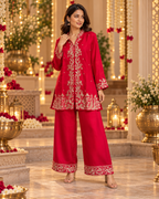 Crimson Red Embroidered Kurta Palazzo Set