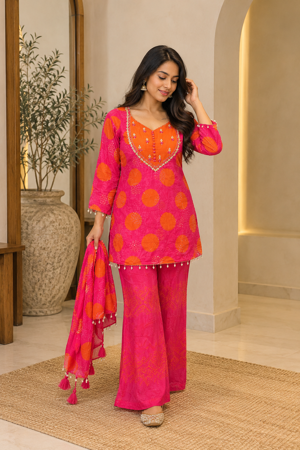 Tangerine Polka Embellished Kurta Set