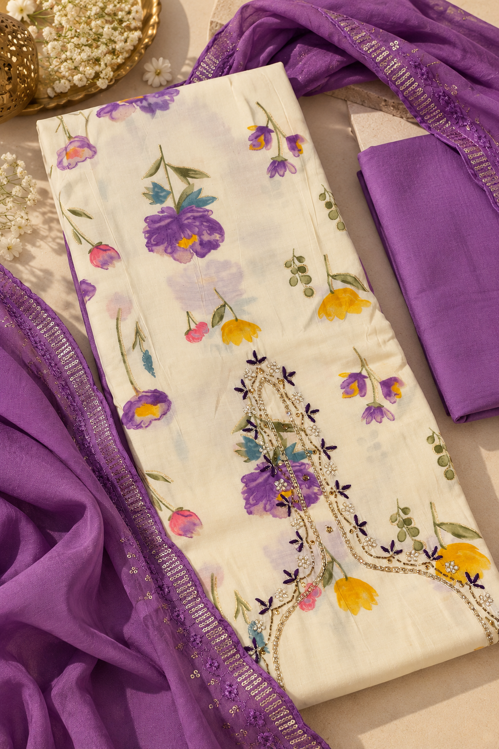 Lavender Floral Printed Suit Set