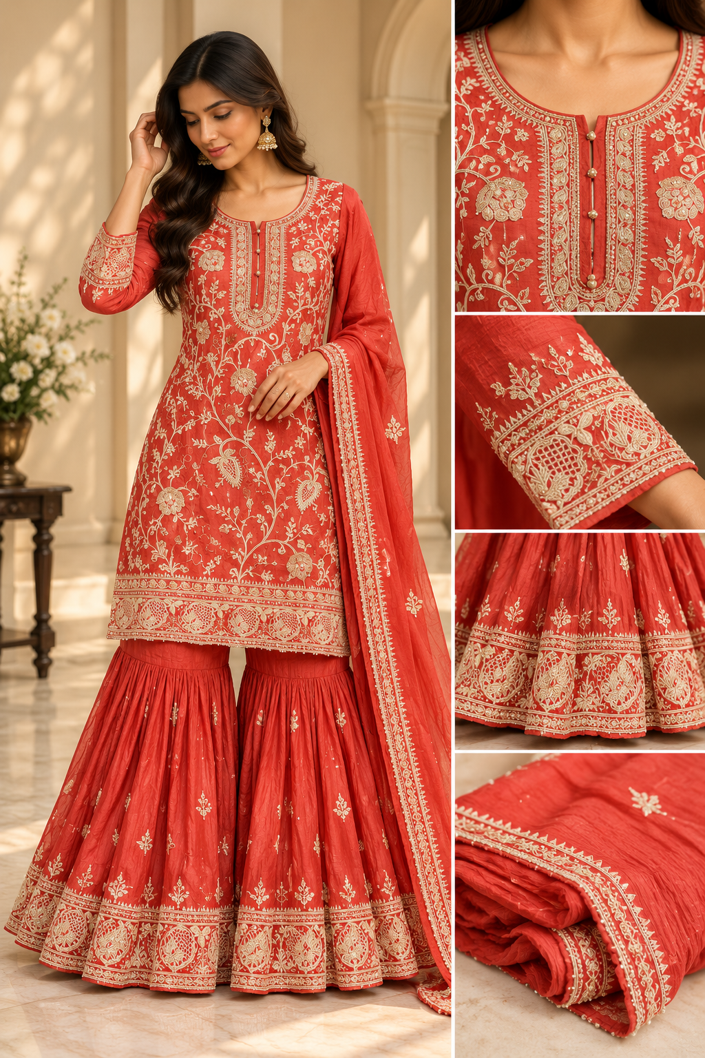 Rust Rose Embroidered Sharara Suit