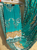 Teal Embroidered Printed Suit Set with Dupatta