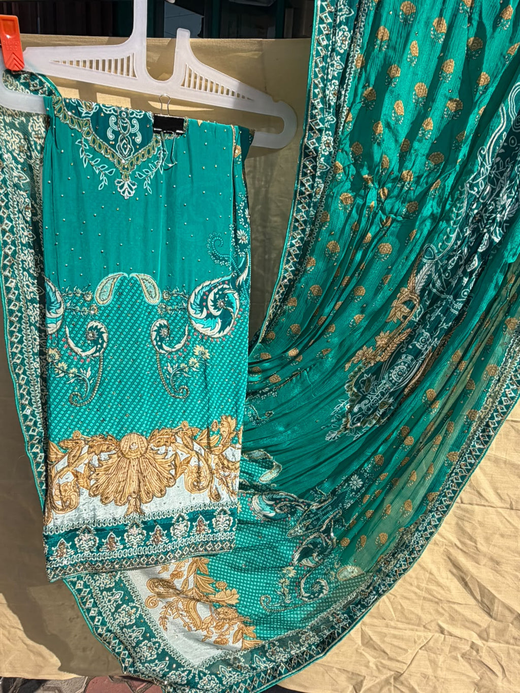 Teal Embroidered Printed Suit Set with Dupatta