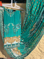 Teal Embroidered Printed Suit Set with Dupatta