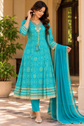 Turquoise Royale Printed Anarkali Suit Set