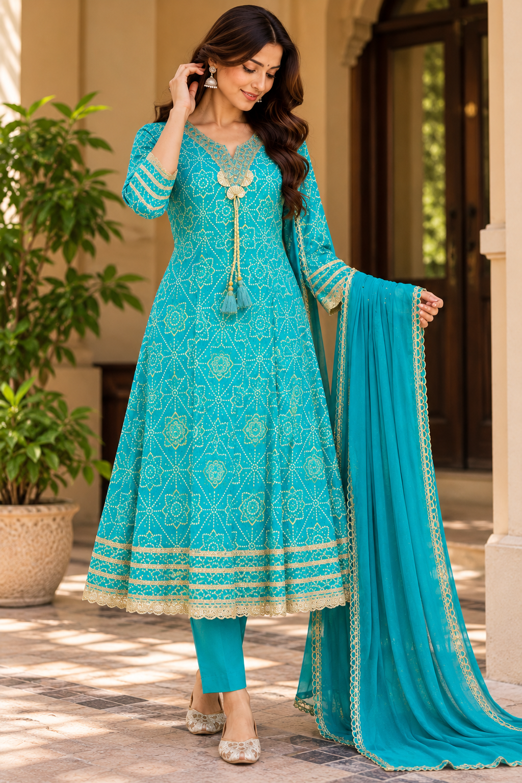 Turquoise Royale Printed Anarkali Suit Set