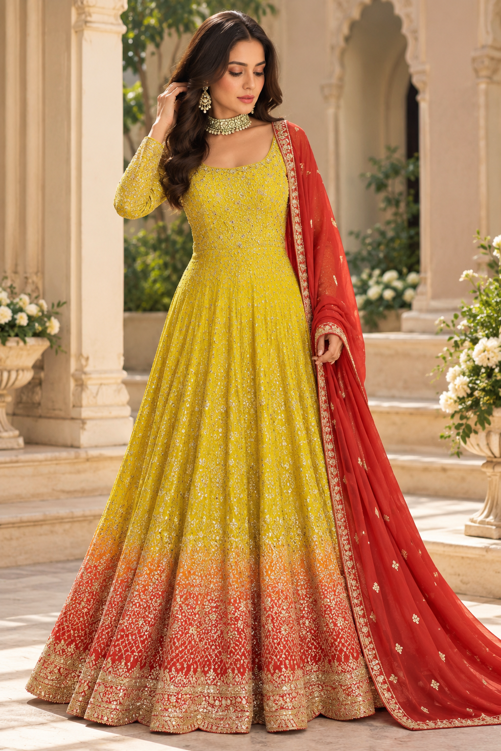 Mustard Embroideried Anarkali Gown