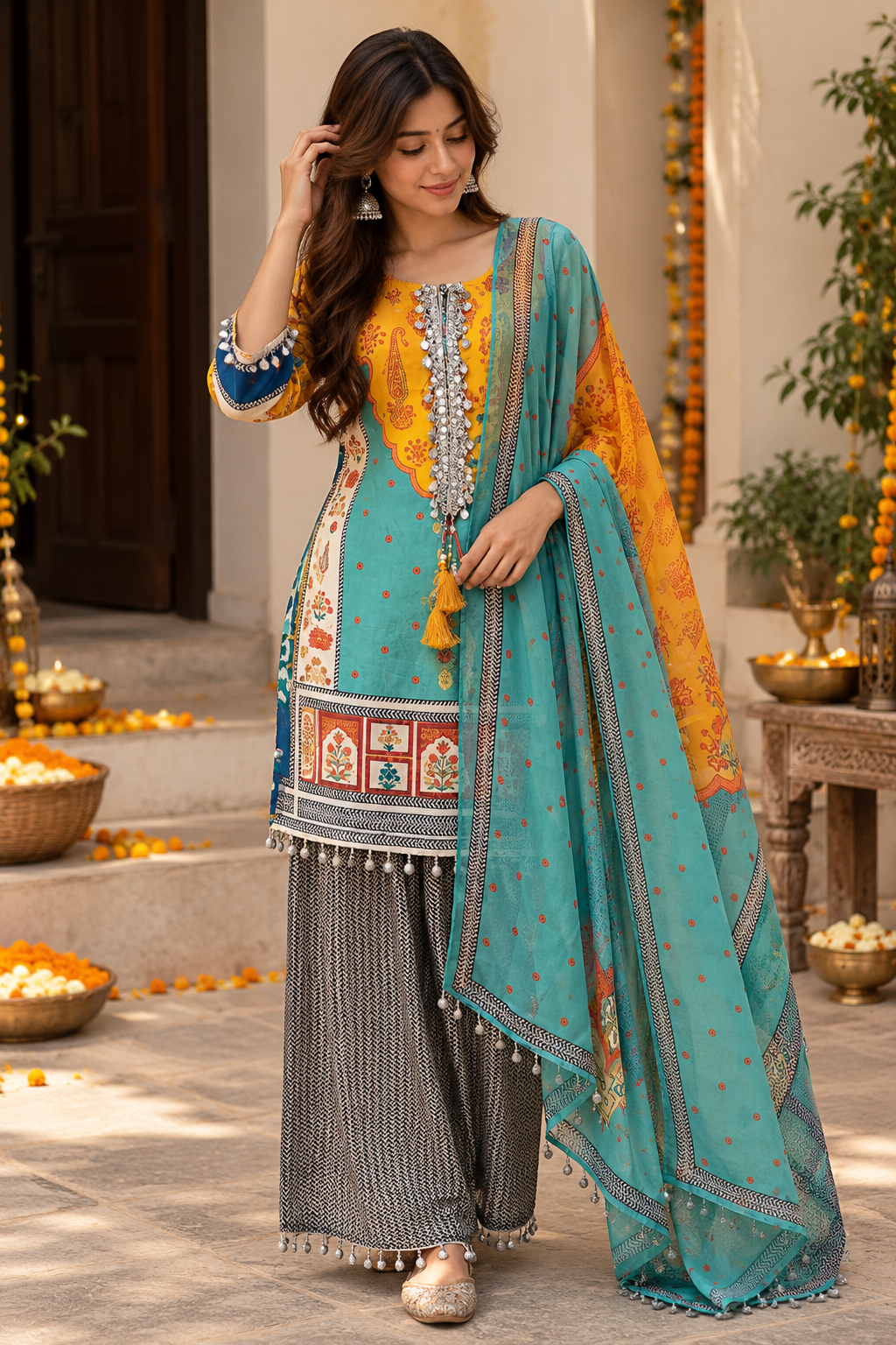 Aqua Sunshine – Printed Kurta Palazzo Set