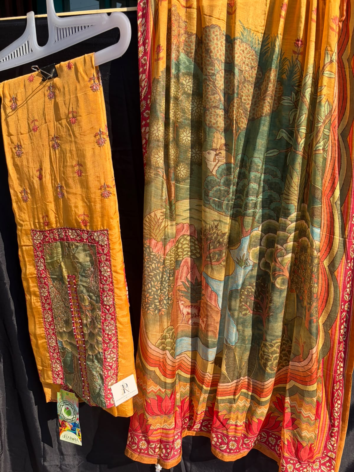 Mustard Floral Printed Suit Set with Multicolour Dupatta