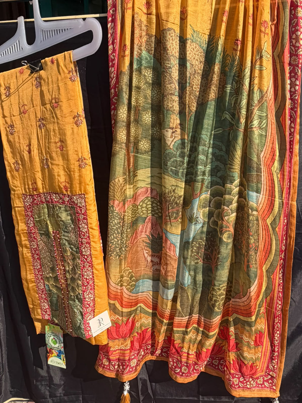 Mustard Floral Printed Suit Set with Multicolour Dupatta