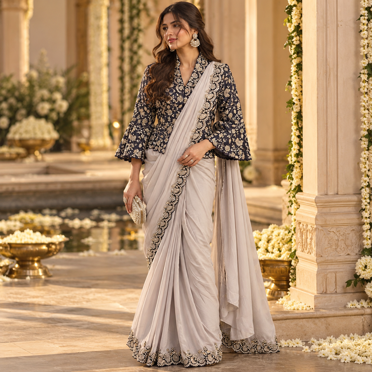 Midnight Blue Embroidered Jacket Saree