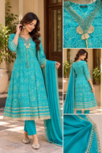 Turquoise Royale Printed Anarkali Suit Set