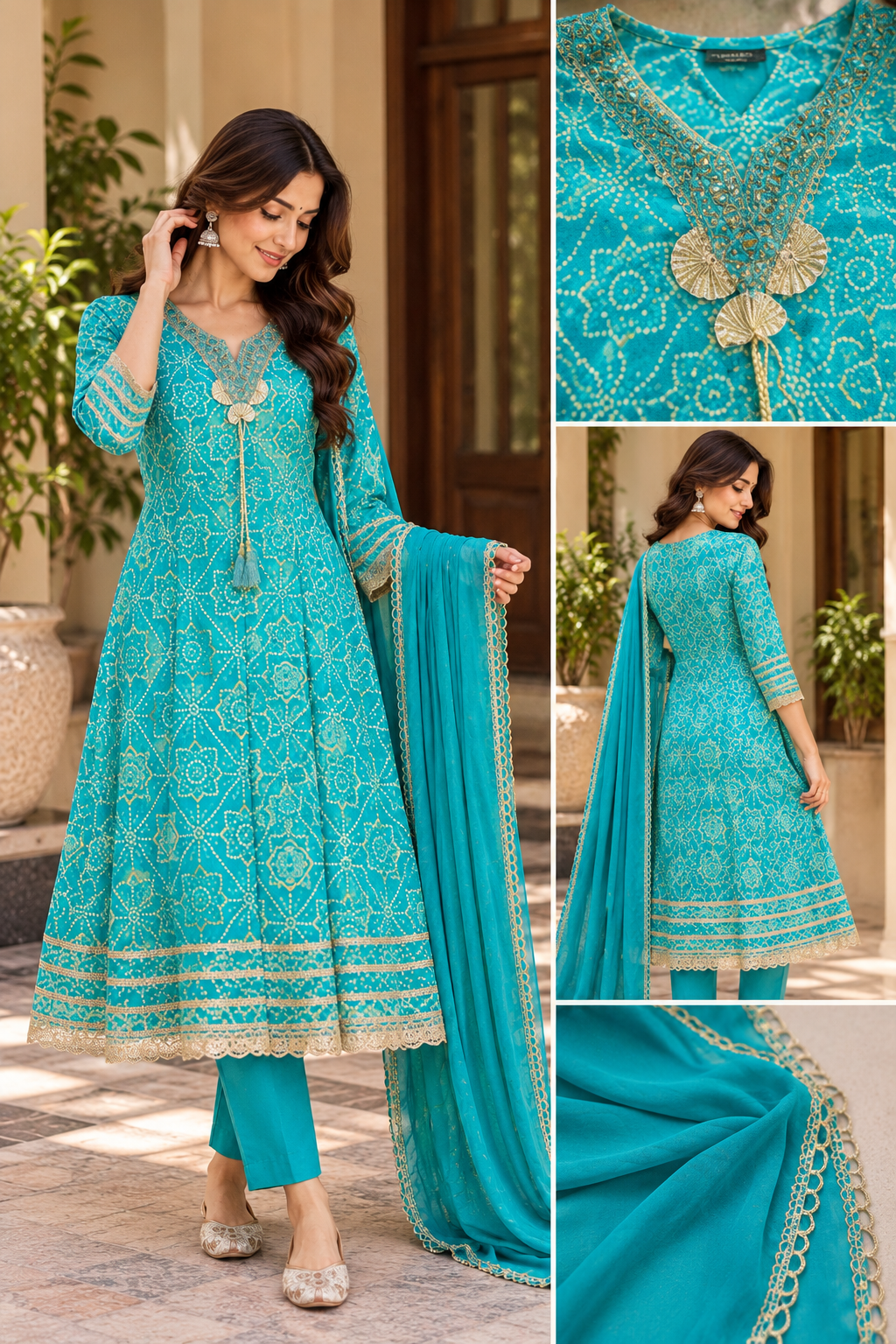 Turquoise Royale Printed Anarkali Suit Set