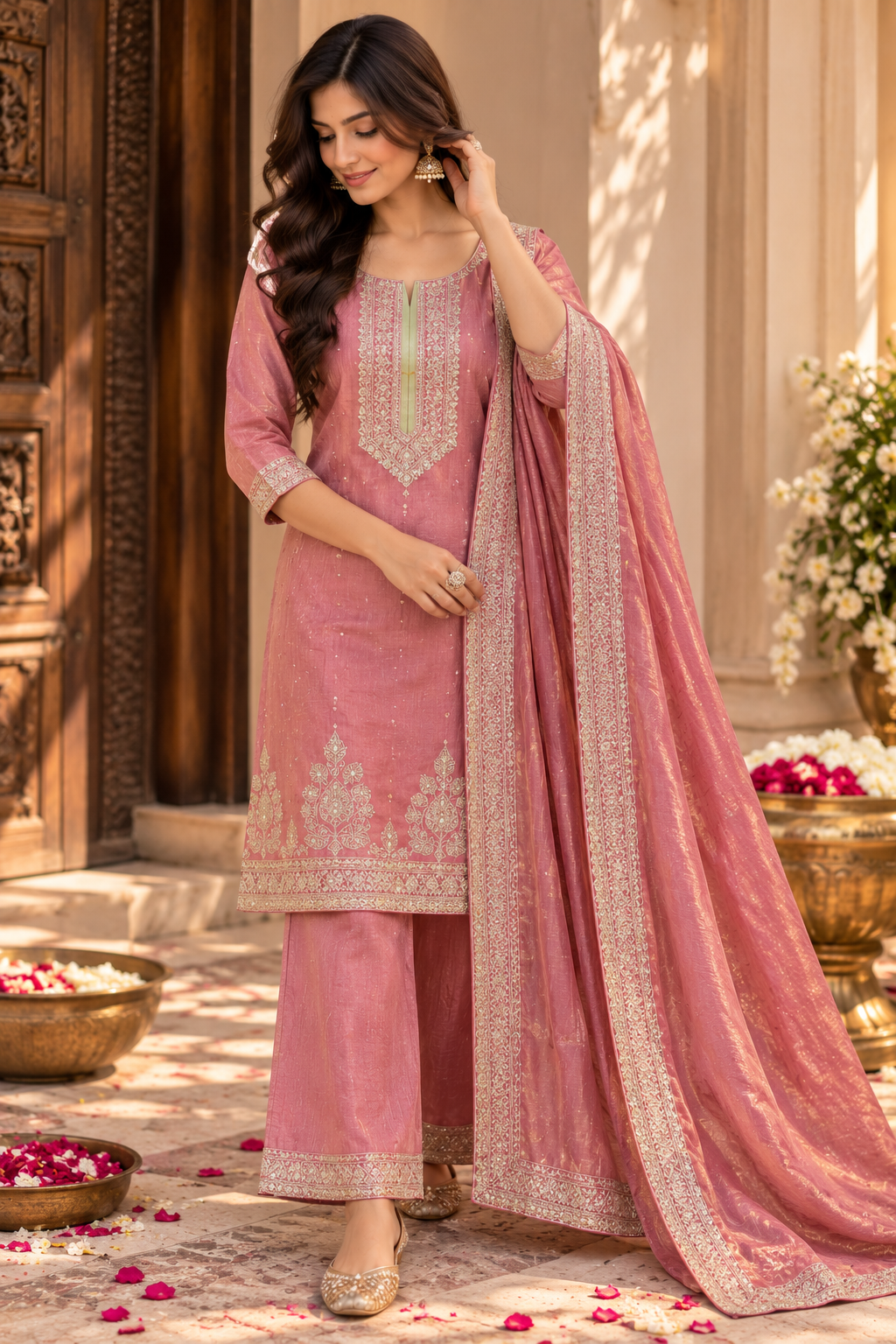 Dusty Rose Zari Embroidered Suit Set