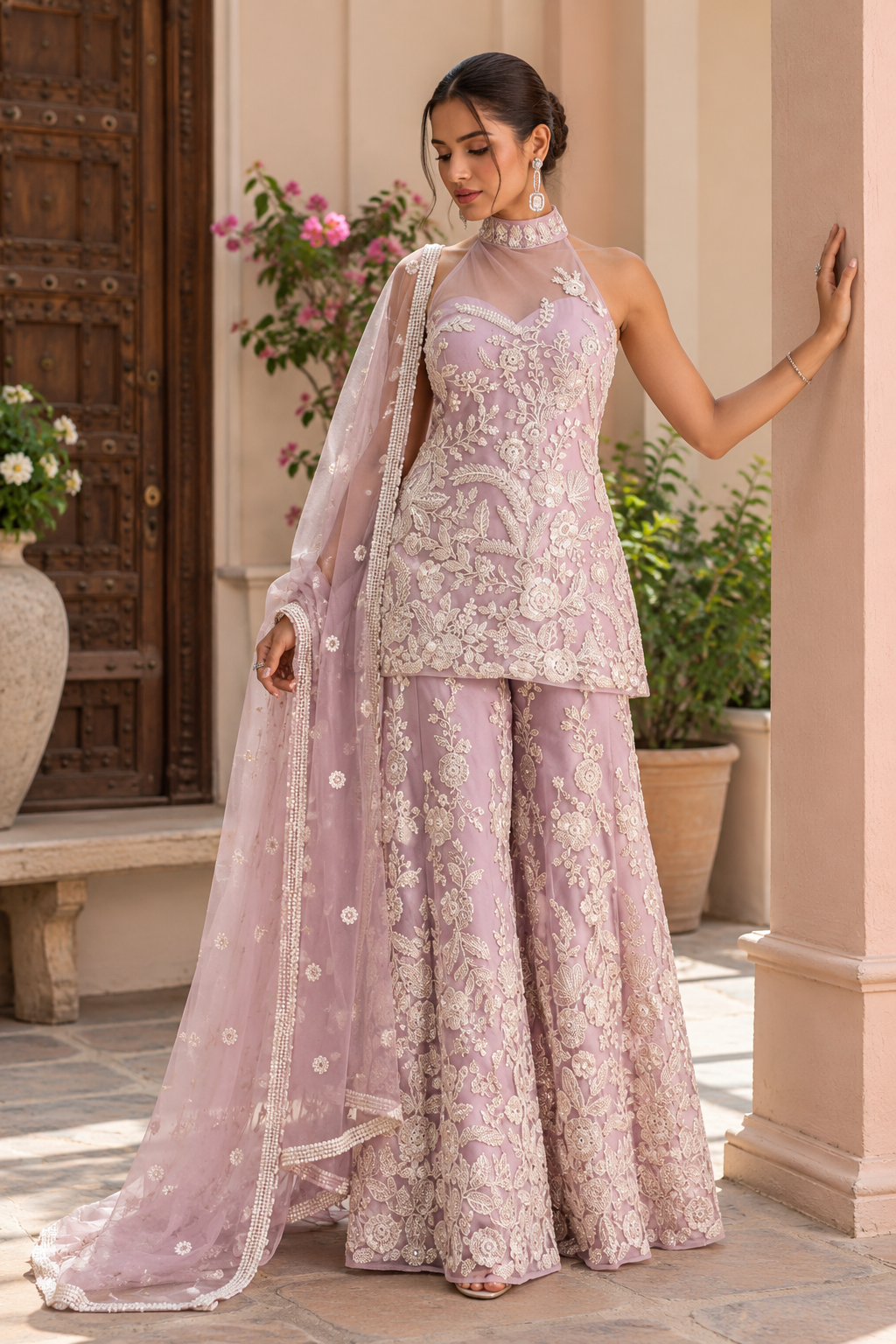 Lavender Luxe – Embroidered Halter Sharara Set
