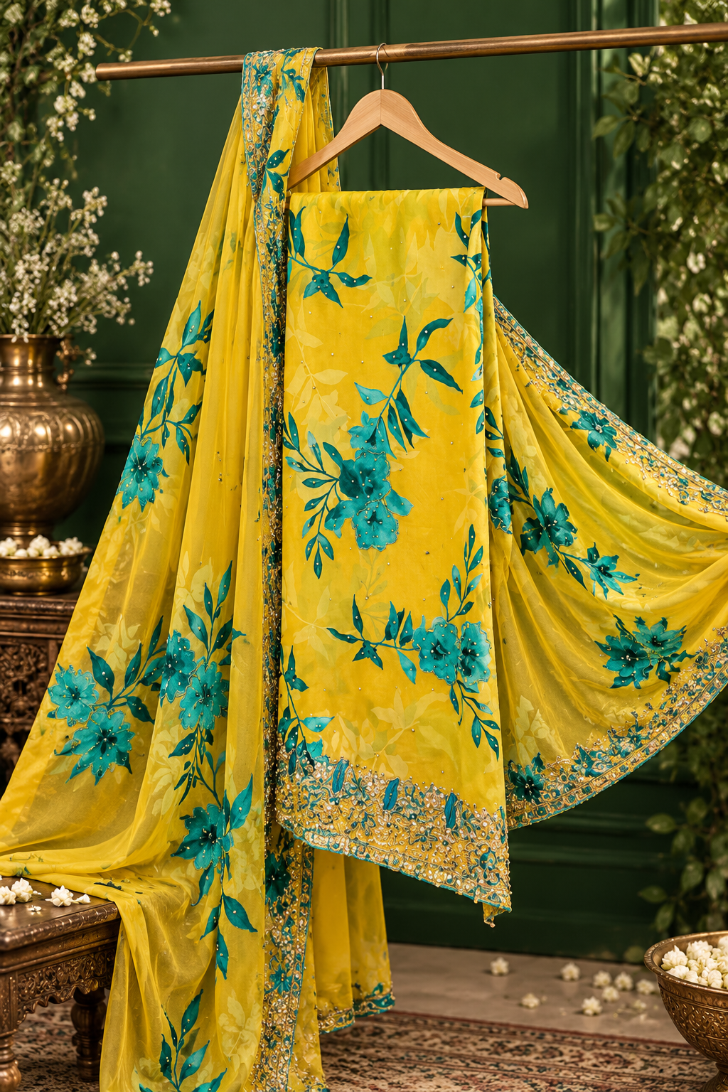 Yellow & Teal Floral Embroidered Ethnic Set