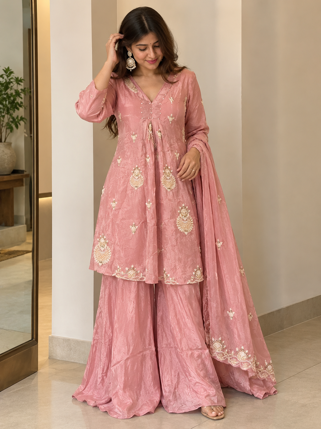 Rosewood Charm – Embroidered Sharara Set