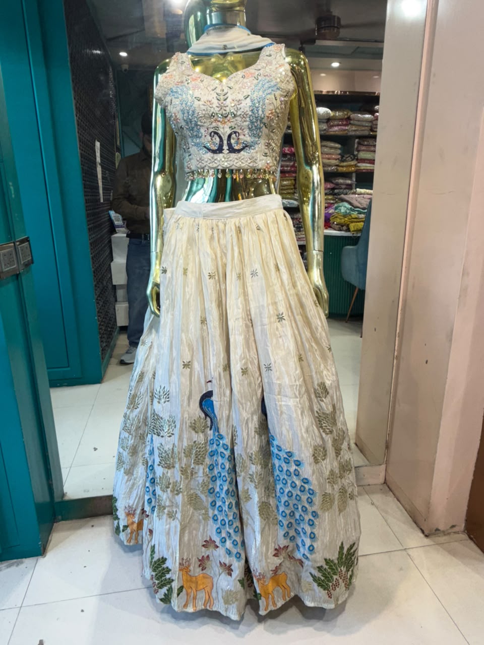 Ivory Peacock Embroidered Lehenga with Designer Blouse
