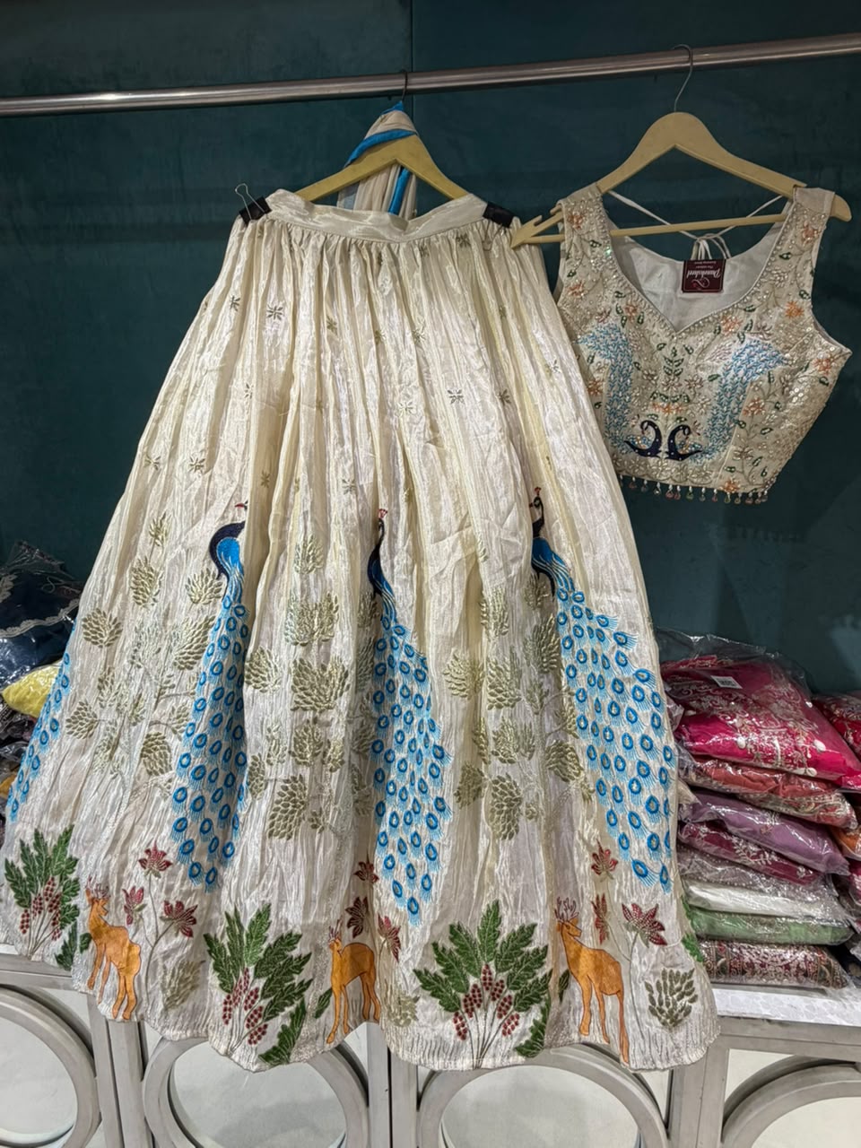 Ivory Peacock Embroidered Lehenga with Designer Blouse