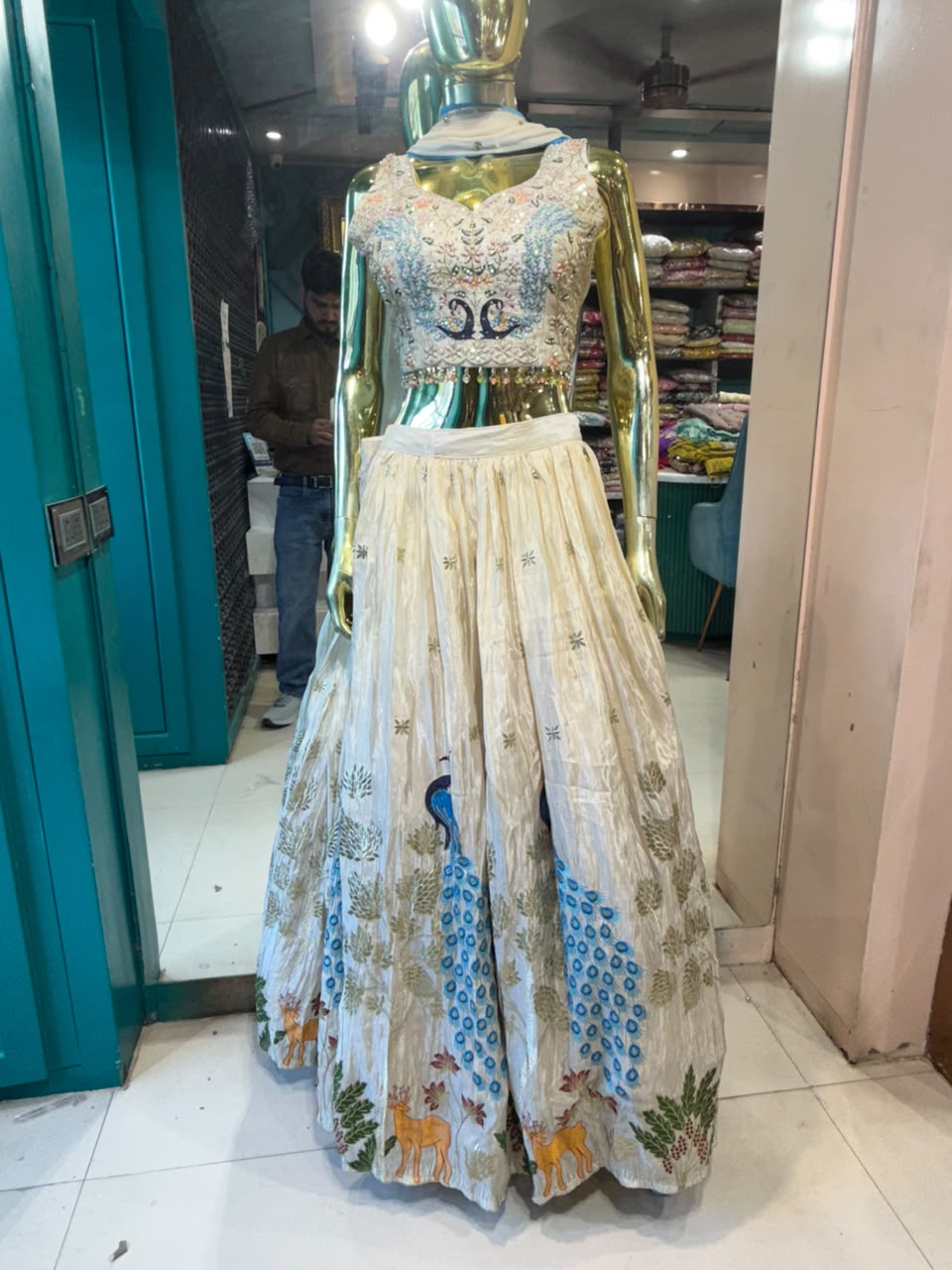 Ivory Peacock Embroidered Lehenga with Designer Blouse