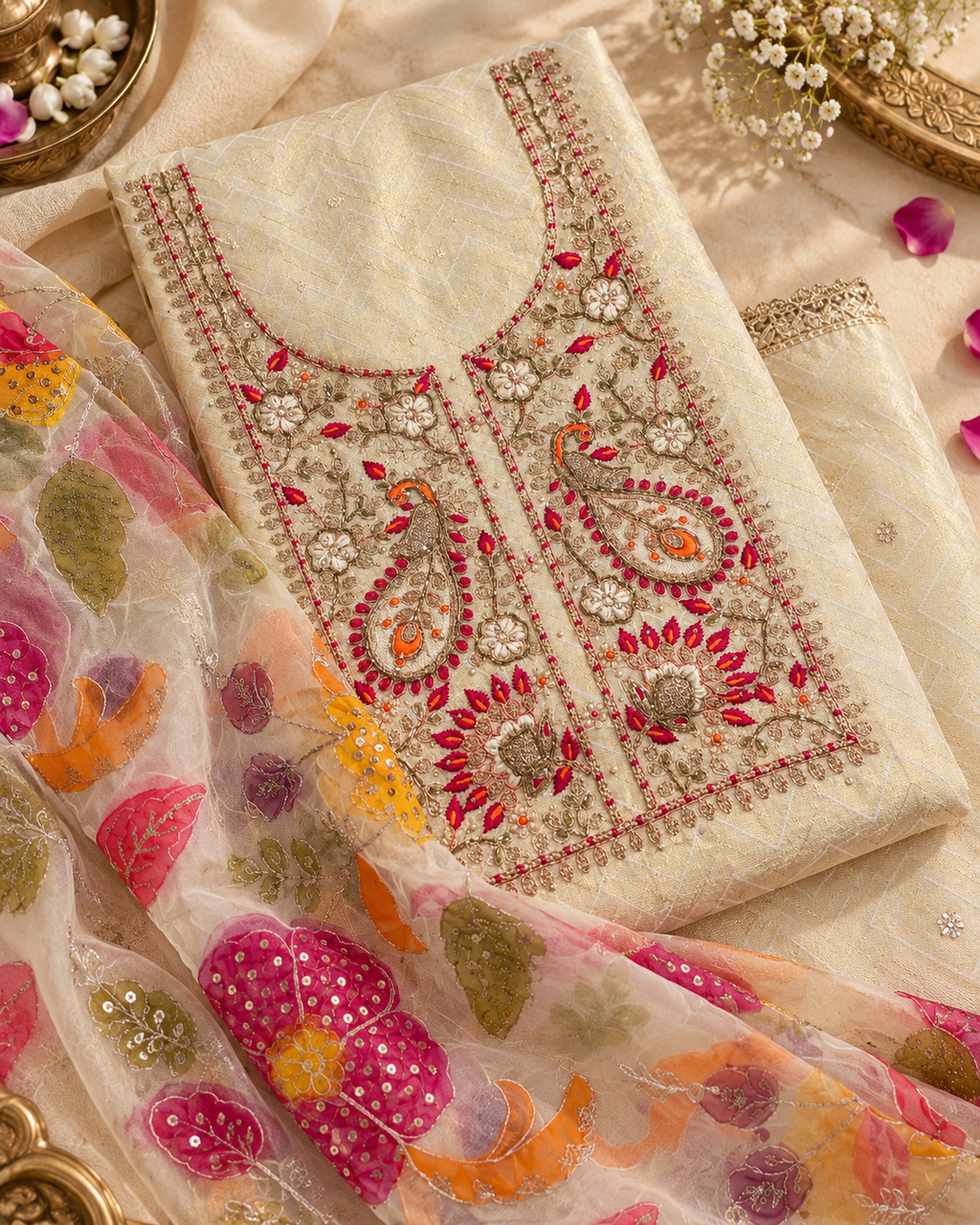 Ivory Peacock Embroidered Suit Set