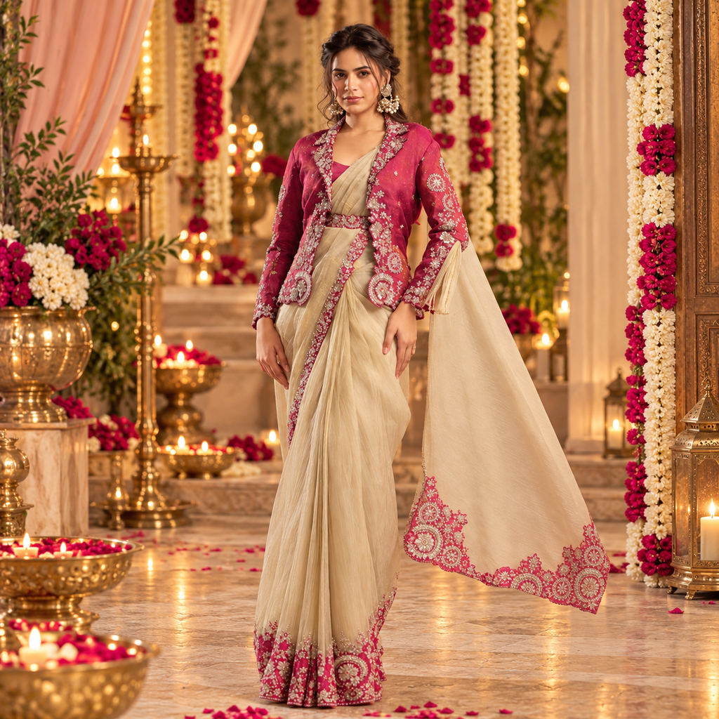 The Royal Magenta Embroidered Jacket Saree