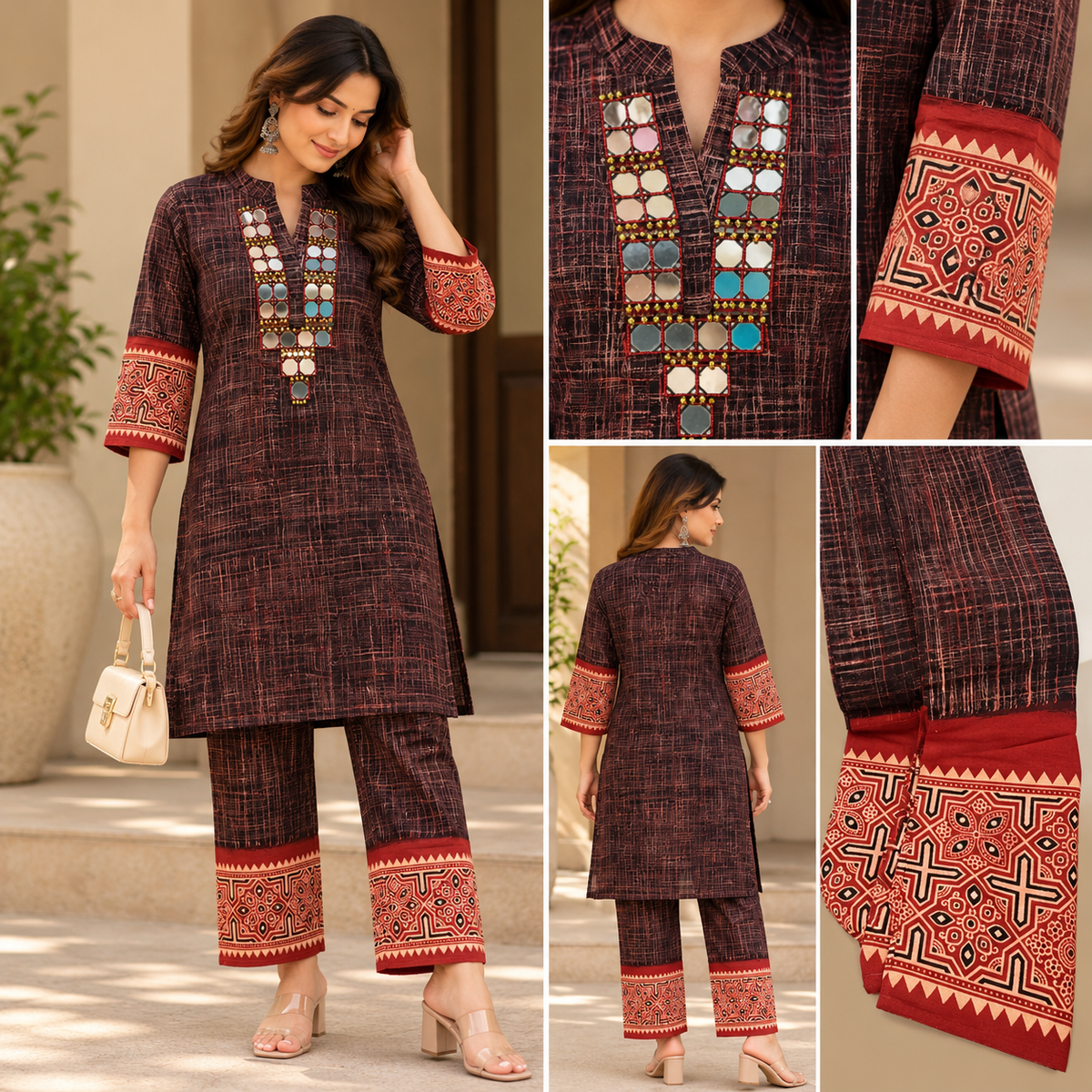 Maroon Mirror Work Kurta Set