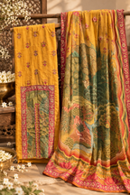 Mustard Floral Printed Suit Set with Multicolour Dupatta