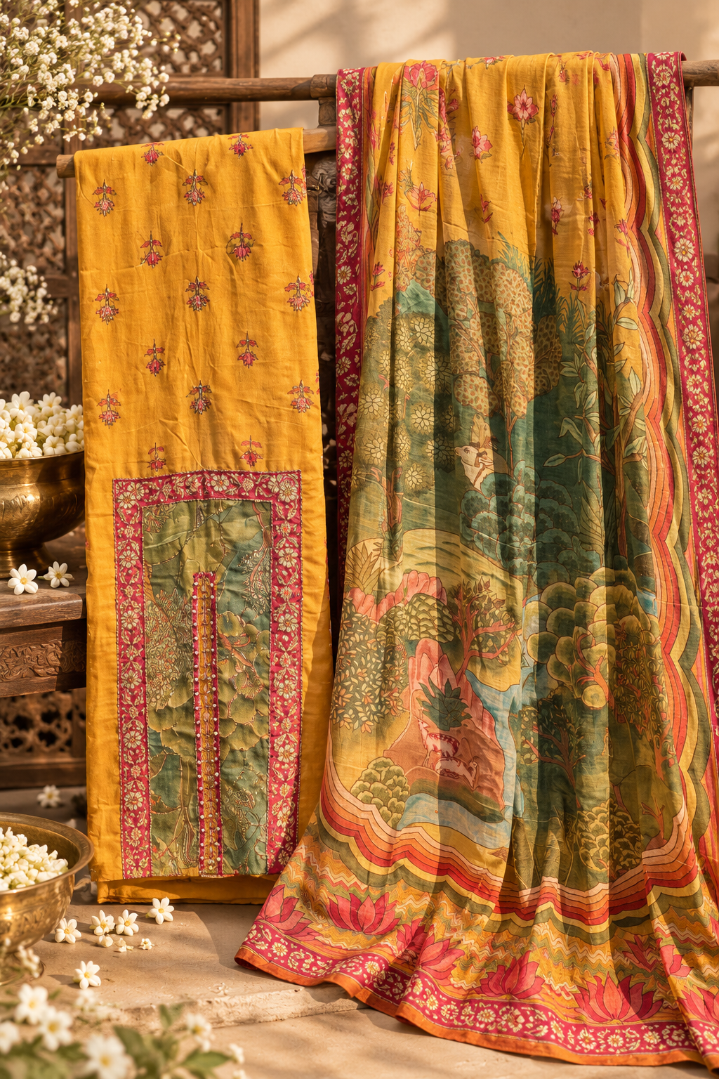Mustard Floral Printed Suit Set with Multicolour Dupatta
