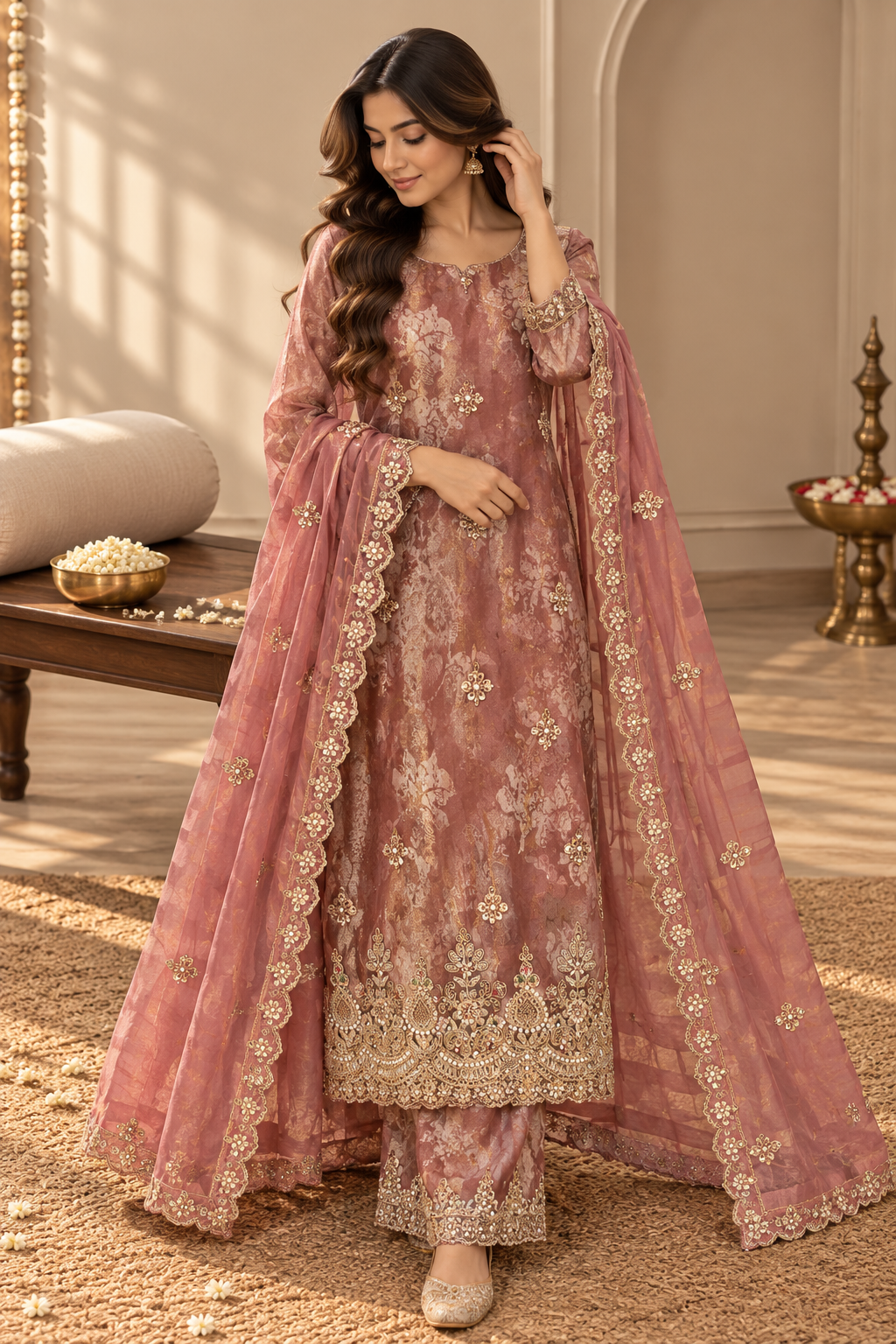 Dusty Peach Floral Embroidered Suit Set