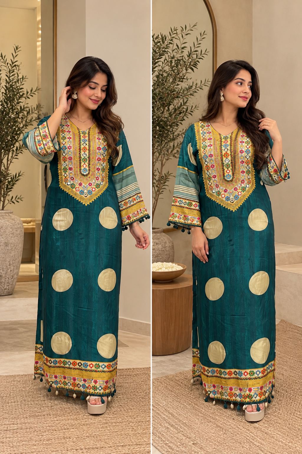 Teal Gold Heritage Polka Phiran