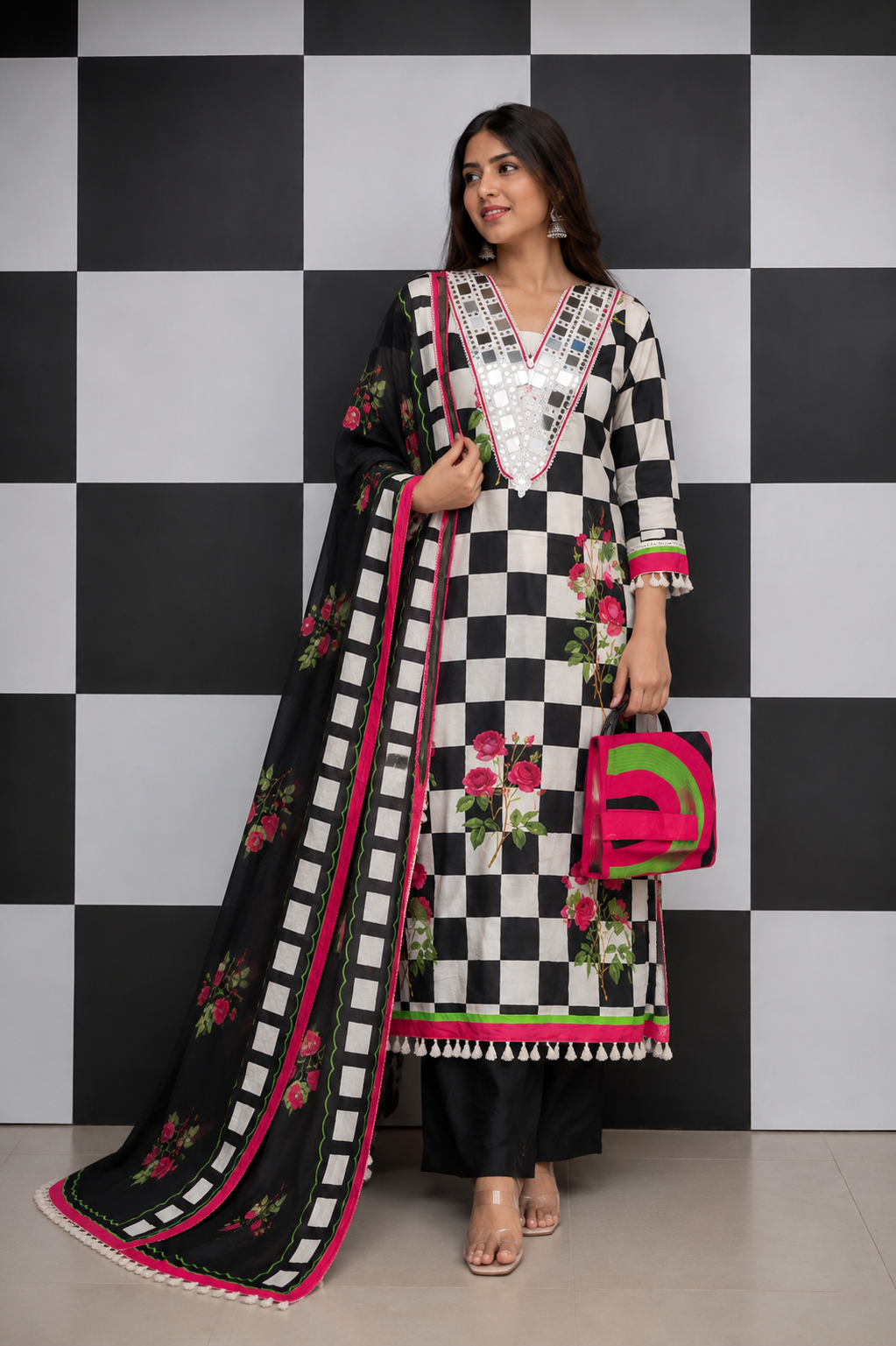 Black & White Checkered Floral Phiran