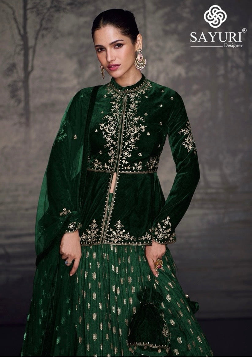 Emerald Royale – Velvet Peplum & Banarasi Lehenga Set
