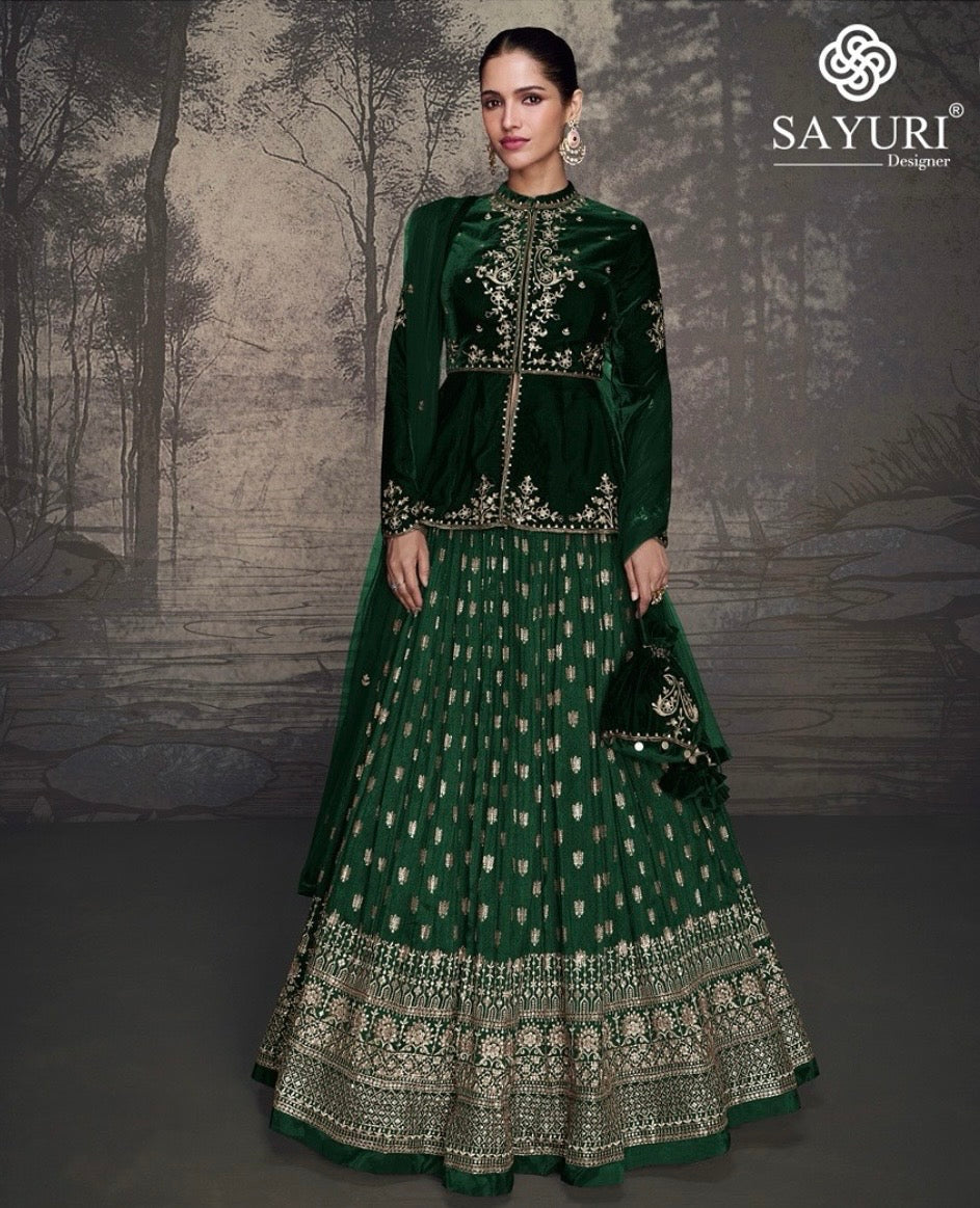 Emerald Royale – Velvet Peplum & Banarasi Lehenga Set