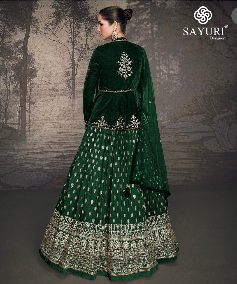 Emerald Royale – Velvet Peplum & Banarasi Lehenga Set
