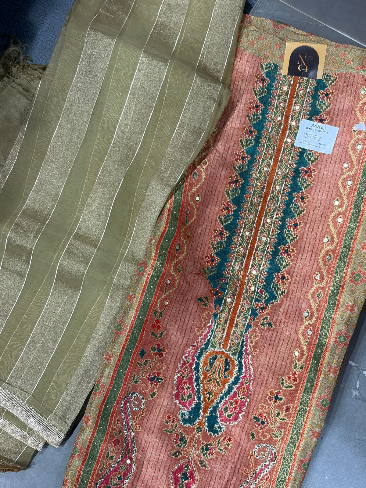 Dusty Rose Embroidered Suit with Olive Striped Dupatta