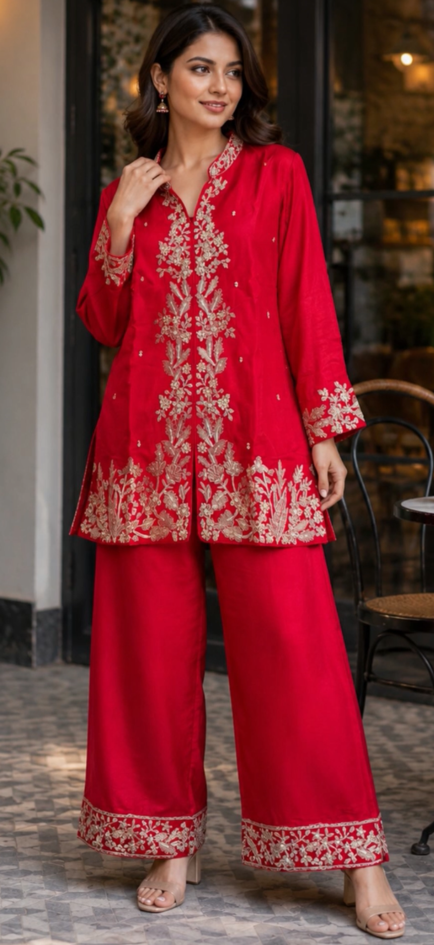 Crimson Red Embroidered Kurta Palazzo Set