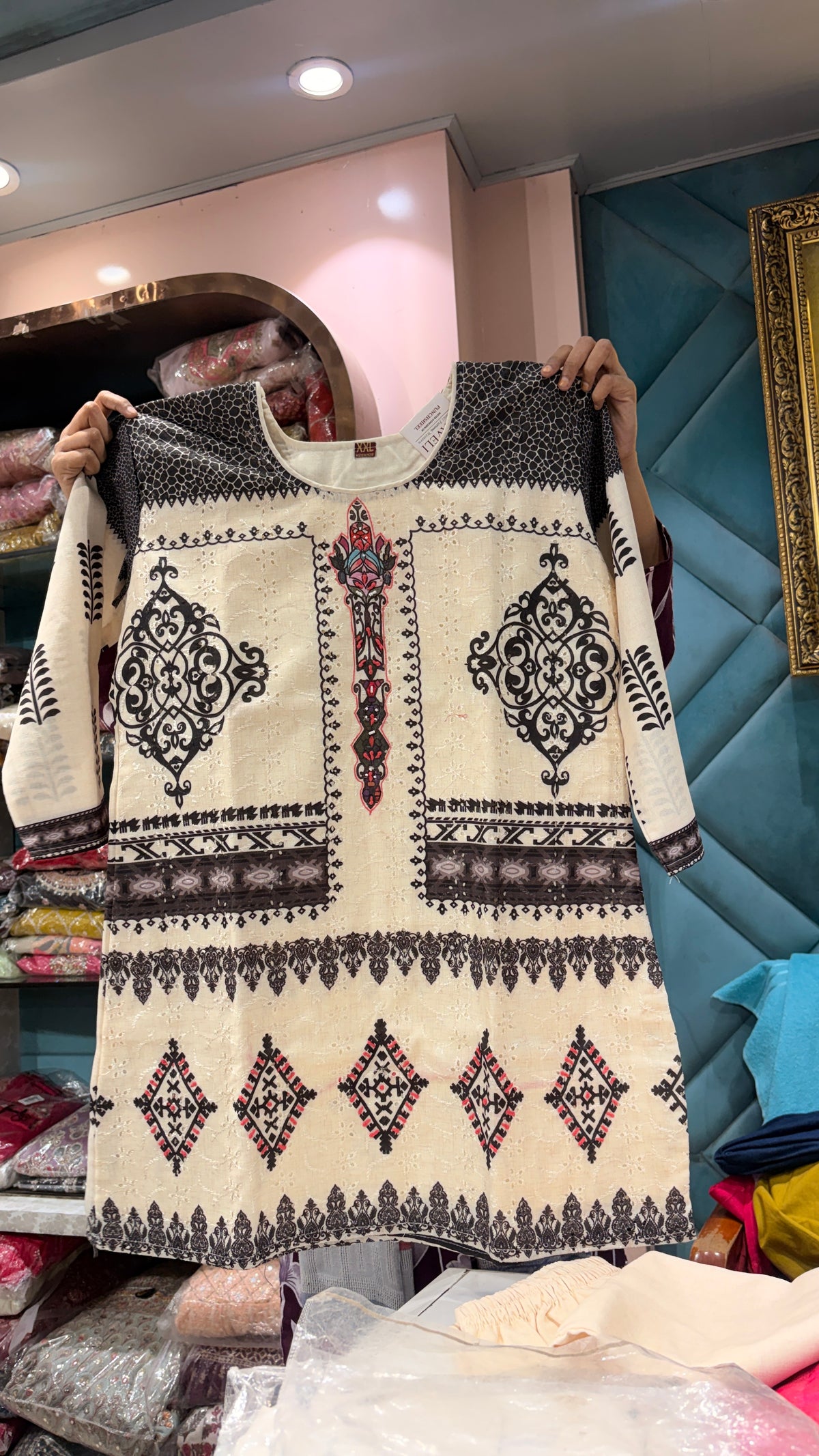 Ivory Folk Print Straight Kurta Set