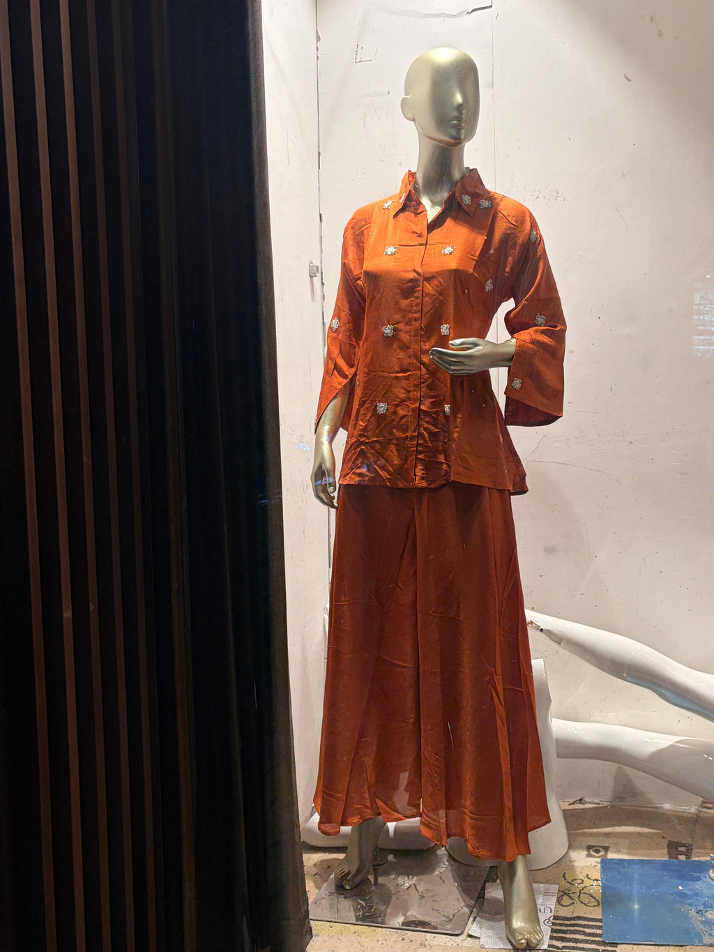 Rust Orange Embellished Shirt & Flared Skirt Set