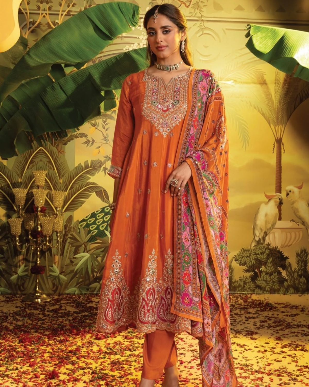 Rust Mirrorwork Anarkali Suit Set